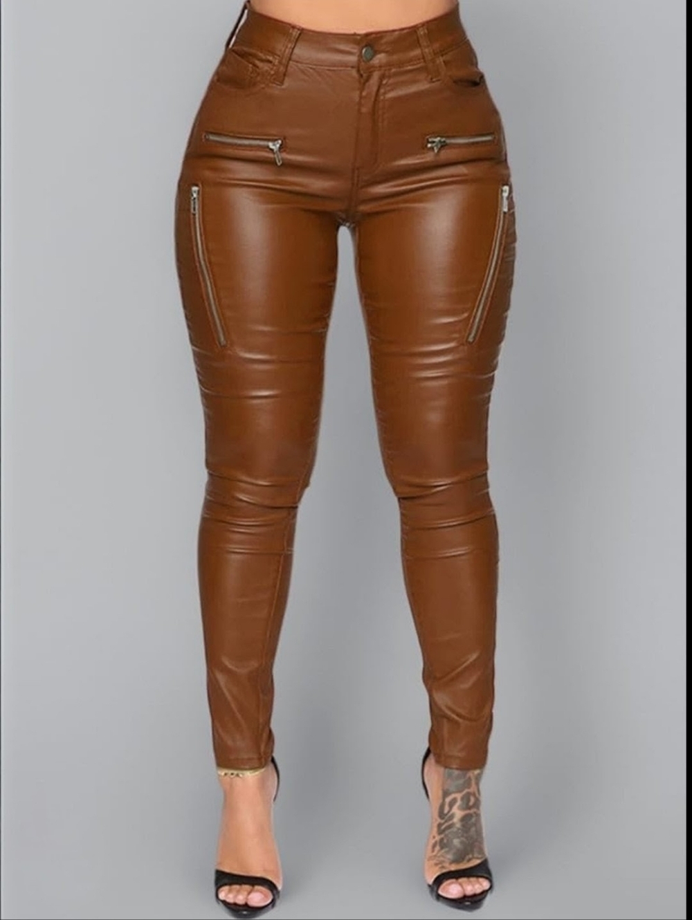 FASHION NOVA Faux Leather Skinny Pants With Zipper Accents - Rust Brown, EUC M